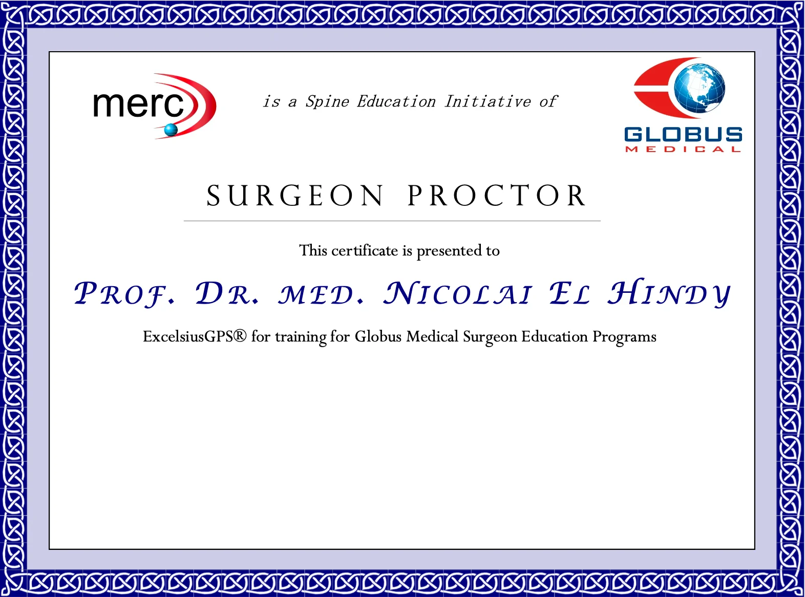 Surgeon Proctor certificate — Prof. Dr. Nicolai El Hindy, Globus Medical ExcelsiusGPS training